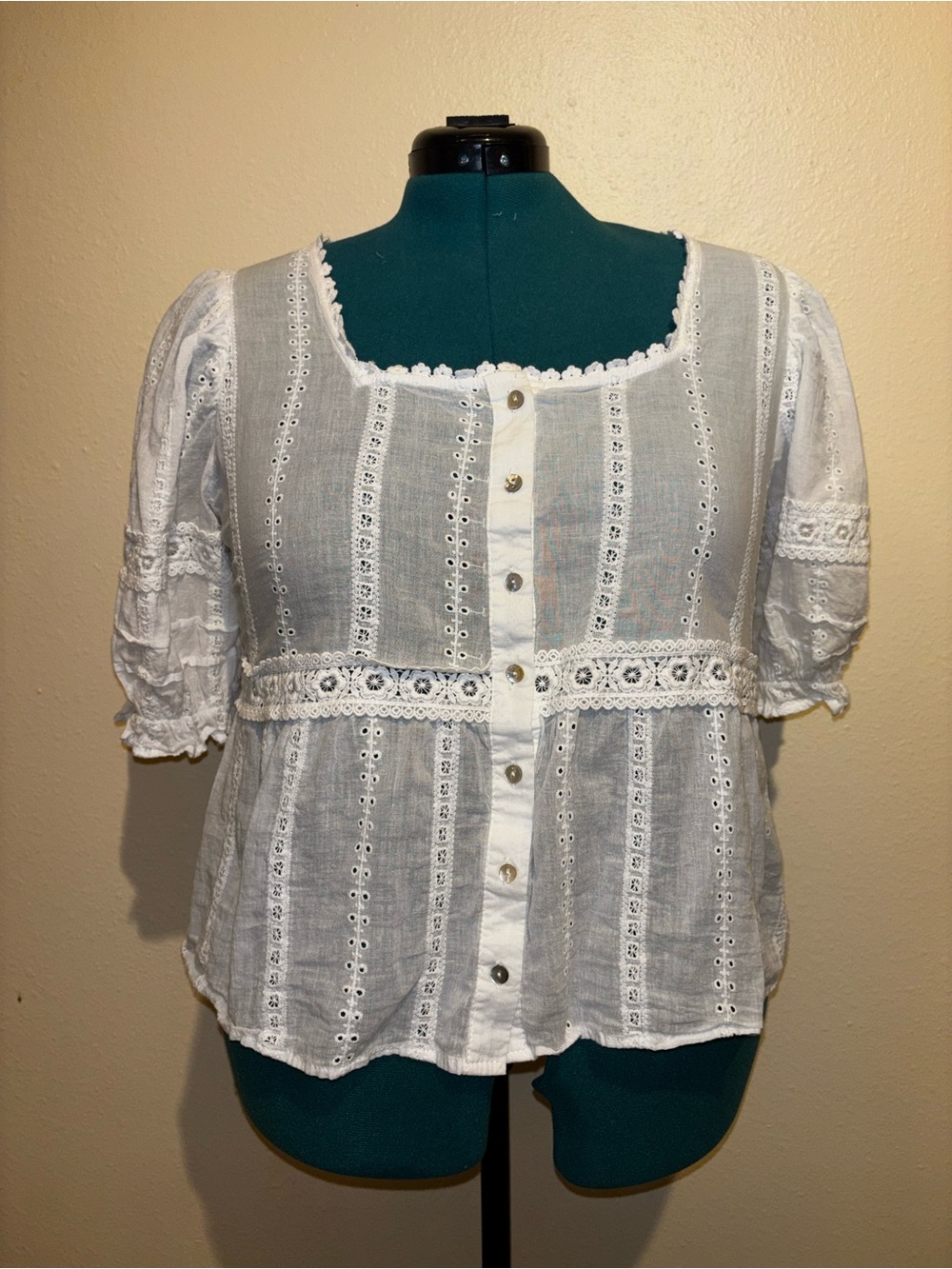 White Eyelet Button-Down Peasant Top